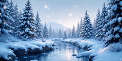 The primary subject of the image is a snow-covered river flowing through a forest. The setting is a winter landscape with snow-covered trees and a mountain in the background. The visual style is a digital art or illustration, creating a serene and peaceful atmosphere. The dominant colors are white, gray, and blue, reflecting the cold and snowy environment.